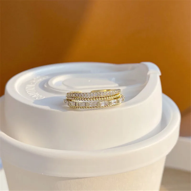 

14K Gold Inlaid Crystal Opening Adjustable Rings Fpr Women Multi-layer Knuckle Ring Bride Wedding Ring Jewelry Accessories