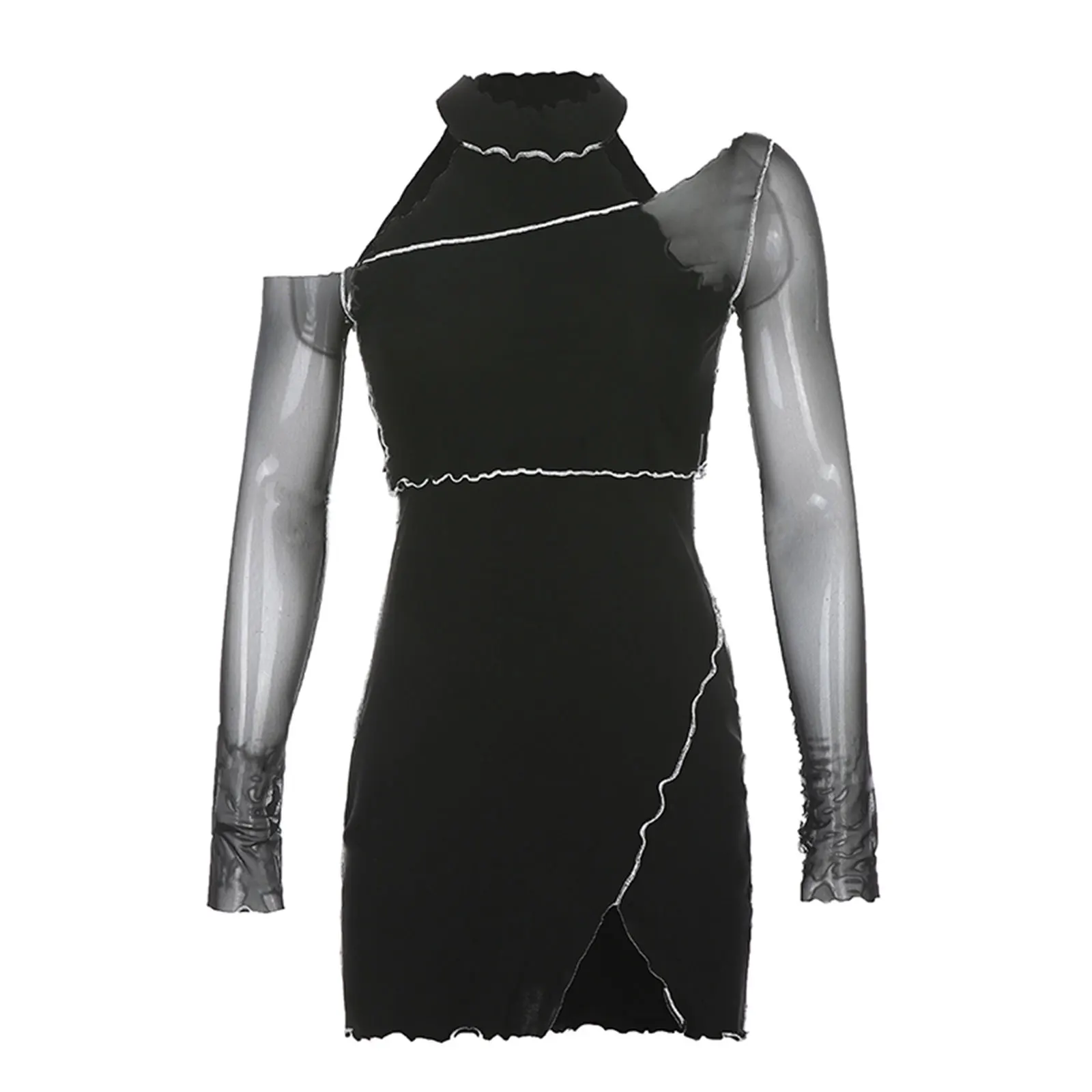 

2 Pcs Lady's Sexy Suit, Sleeveless Halter Splitting Slim One-piece Dress Package Hip Skirt, Long Sleeve Mesh Top, Daily Life