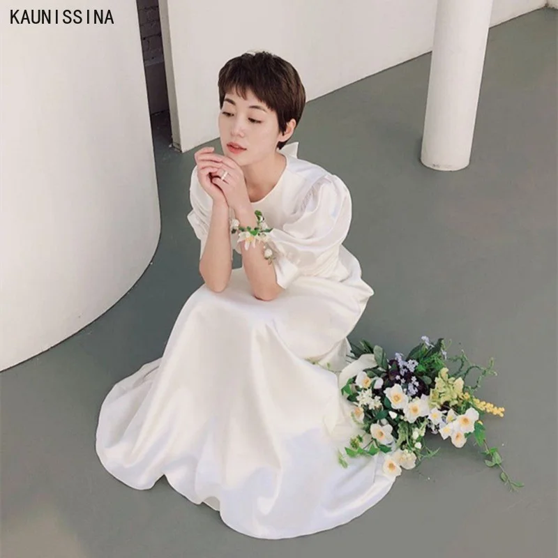 

KAUNISSINA Simple Bohemian Satin Wedding Dresses O-Neck Puff Sleeves Long Bride Dress Elegant Wedding Gowns Vestidos Novias