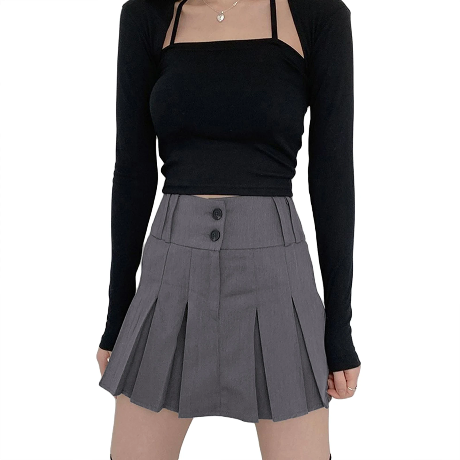 

Плиссированная мини-юбка для женщин, модная однотонная трапециевидная короткая юбка на пуговицах с высокой талией