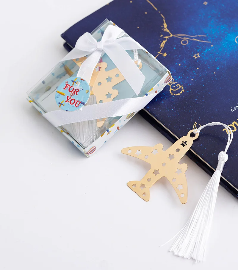 

20pcs Aircraft Airplane Gold Metal Bookmark White Tassels For Wedding Christmas Baby Shower Party Birthday Favor Gift Souvenirs