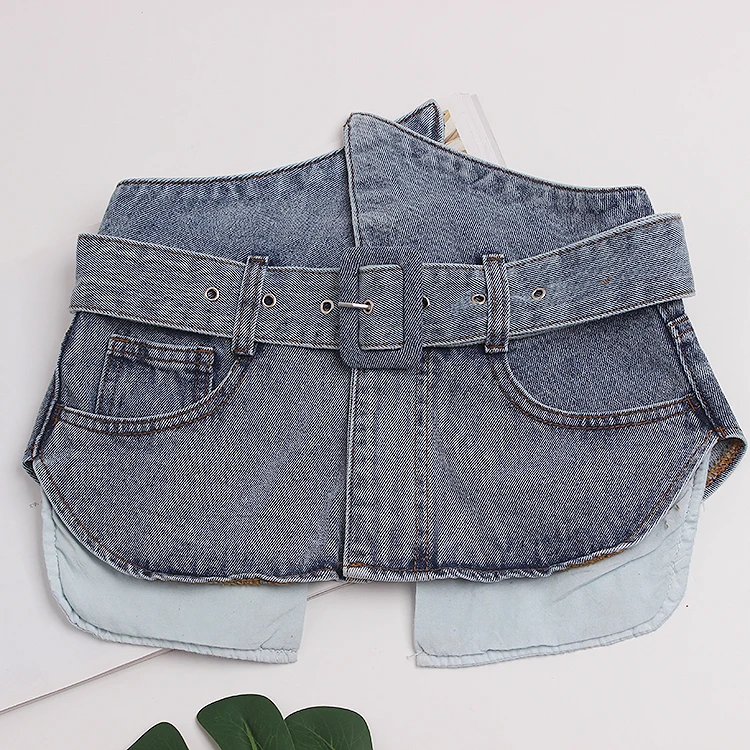 

SuperAen 2021 New Fashion Korean Retro Light Blue Water Wash Denim Waist Women's Belt Women Jeans Cummerbunds