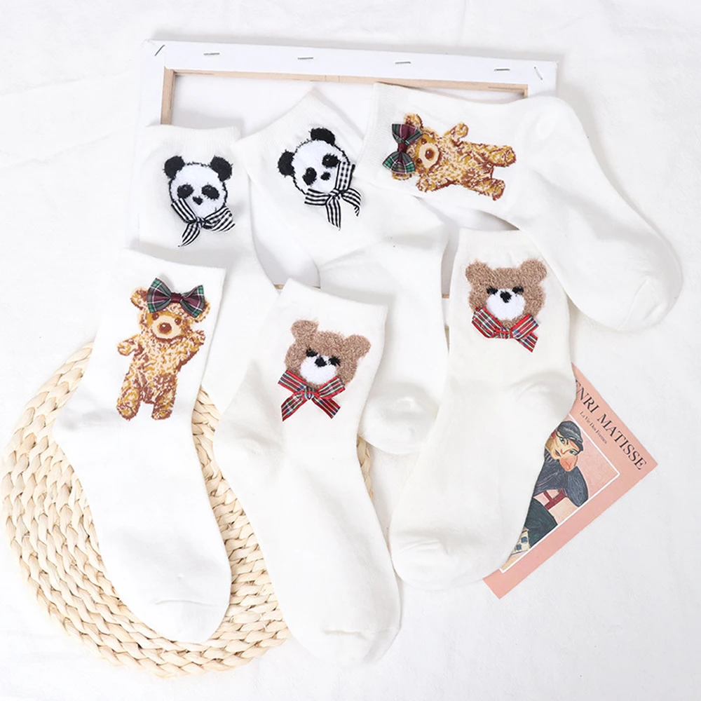 

1 Pair Kawaii Pure Cotton Socks Cute Cartoon Animal Panda Bear Bow Casual Girls's Socks Funny Fashion Gift Black White