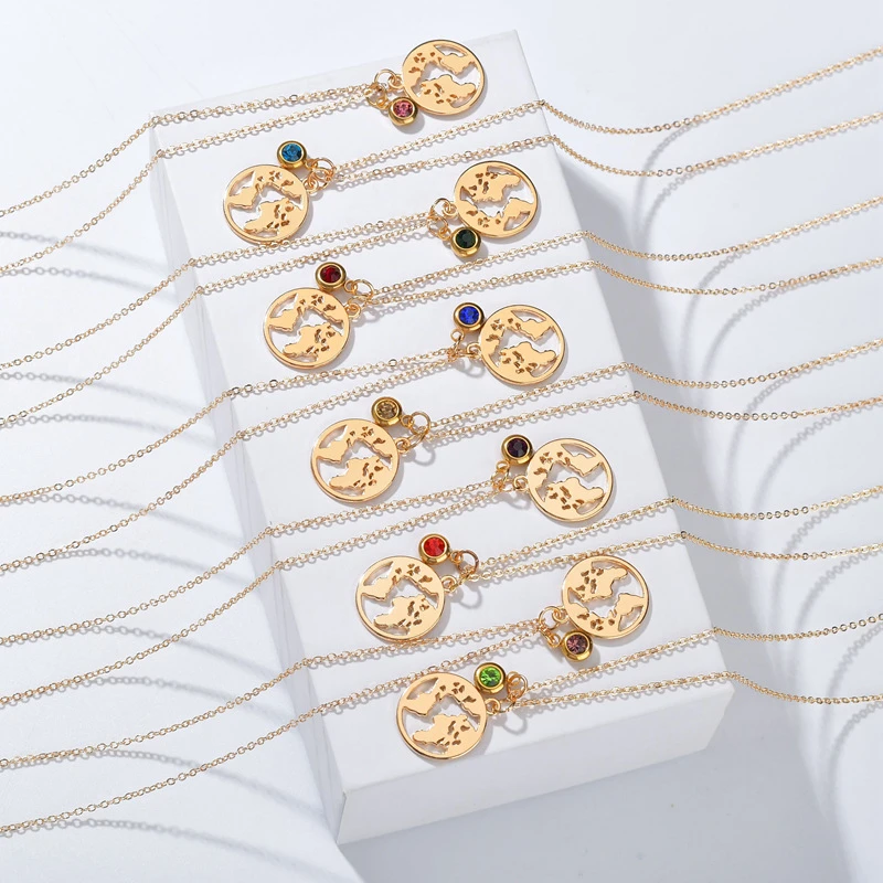 

8Seasons Fashion Birthstone Necklace Gold Color Map Hollow January-December Pendants Collar Chains Women Jewelry 40cm long, 1PC