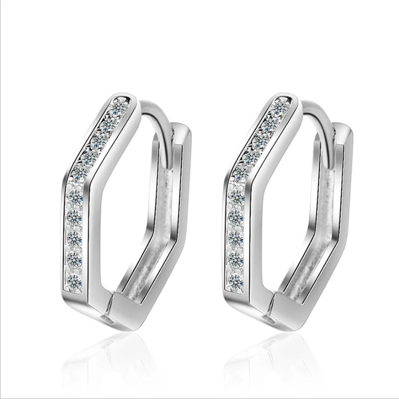 

KOFSAC New Fashion 925 Sterling Silver Earrings For Women Geometric Polygon Shiny Zircon Hoop Earring Female Anniversary Gifts