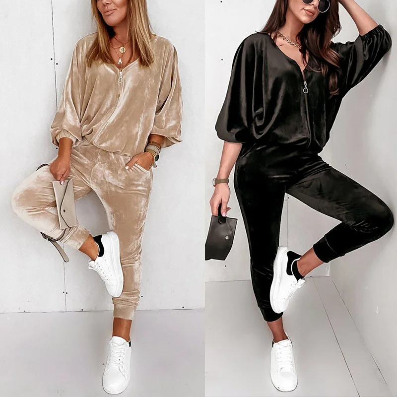 

Autumn and winter 2021 new golden velvet zipper long sleeve trousers solid color leisure suit