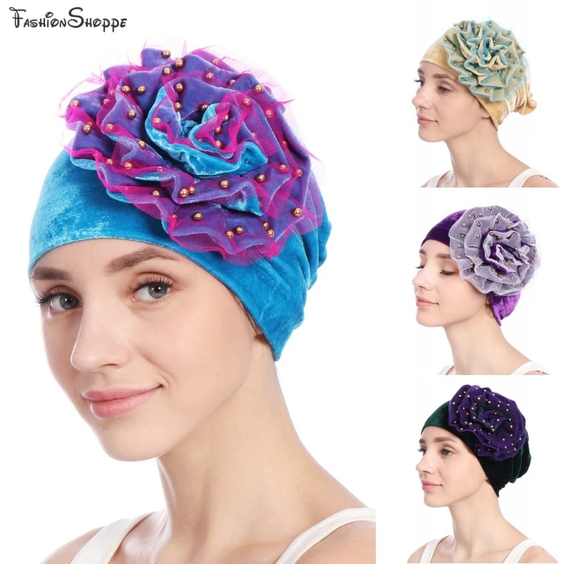 Мусульманская женская бархатная шляпа с цветком из бисера тюрбан головной убор