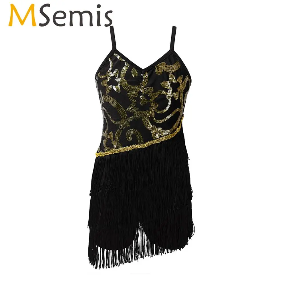 

MSemis Kids Girls Sparkly Sequins Figure Ice Skating Skirts Roller Skating Training Latin Dance Costumes with Fringed Skirt