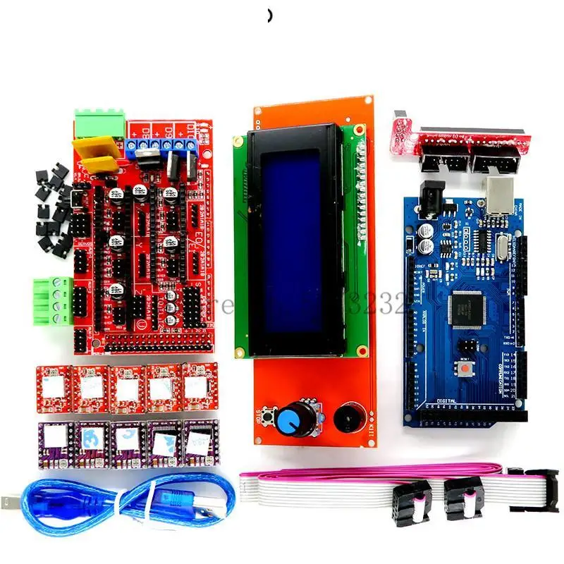 

Контроллер Mega 2560 R3 CH340 + 1 контроллер RAMPS 1,4 + 5 шт. модуль шагового драйвера A4988/DRV8825 + 1 шт. контроллер 3D 2004 для комплекта 3D-принтера
