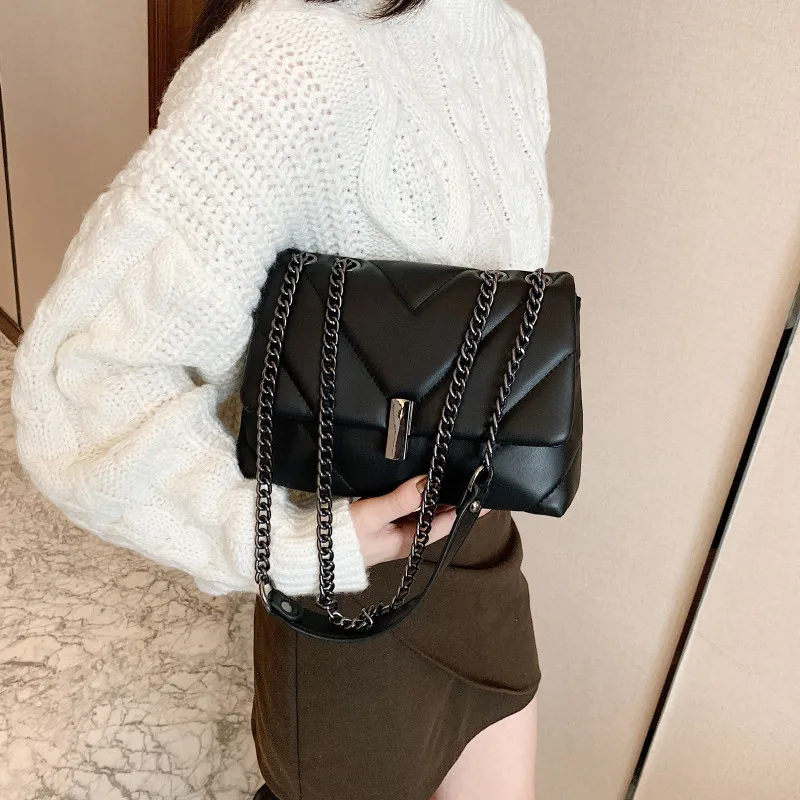hot sale chain quilted crossbody bags for women luxury branded small unique lock handbag lady black pu leather flap shoulder bag free global shipping