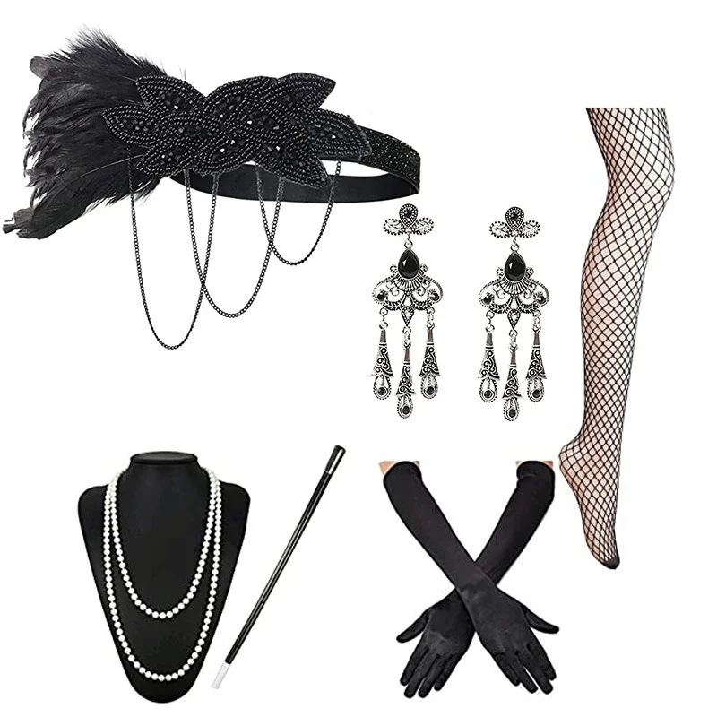 

1920s Hemming Headband Great Gatsby Headgear Bridal Wedding Rhinestone Stretch Hair Accessories Headband Set Pearl Necklace Cig