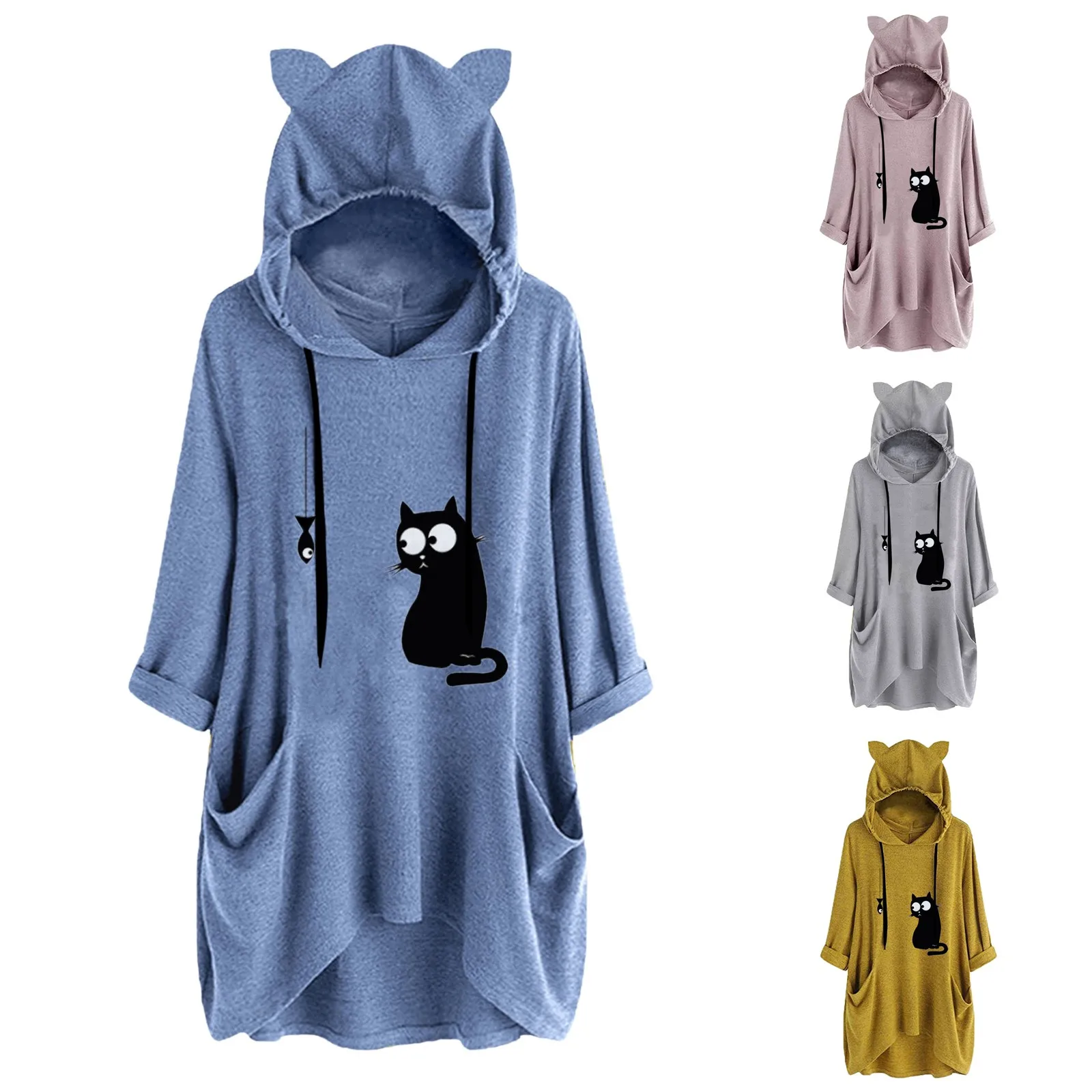 

Oversize Fashion Cat print Blouse Autumn Winter Hooded Tops Female Women Long Sleeve Shirt Blusas Femininas Clothing Pullover