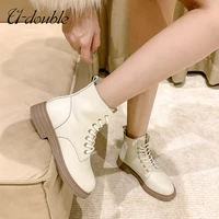 u double ankle boots women genuine cow leather lace up round toe lady booties autumn winter platform sole shoes handmade