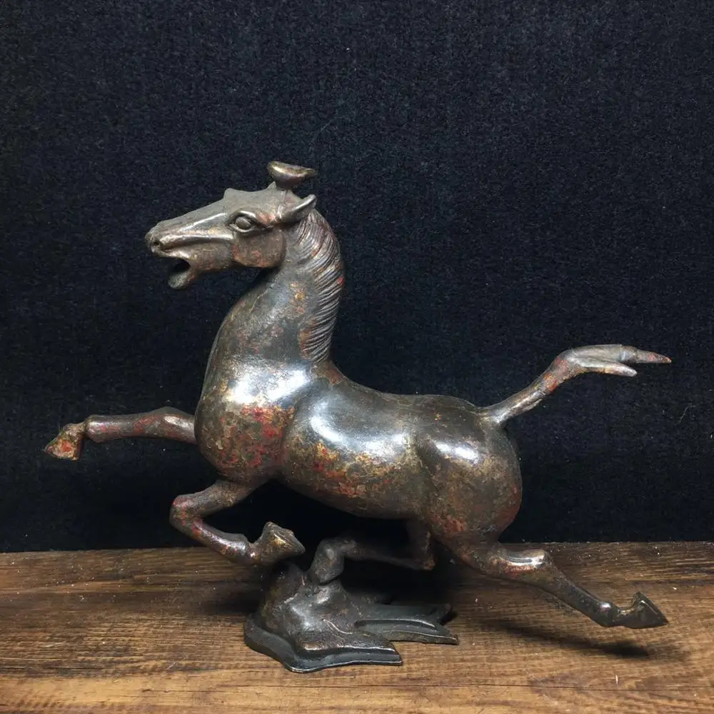 

8" Tibet Buddhism Old Bronze Cinnabars Horse riding swallow statue Ma Chao Dragon Bird Copper running horse Three-legged flight