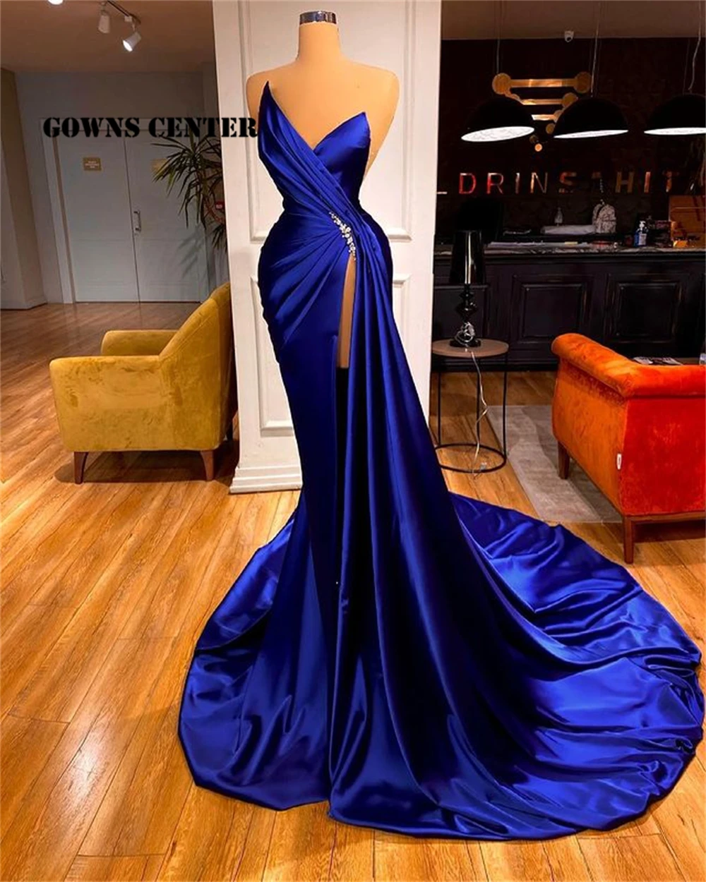 

Royal Blue Evening Dresses For Women Party And Wedding Beaded High Slit Prom Dress Abendkleider