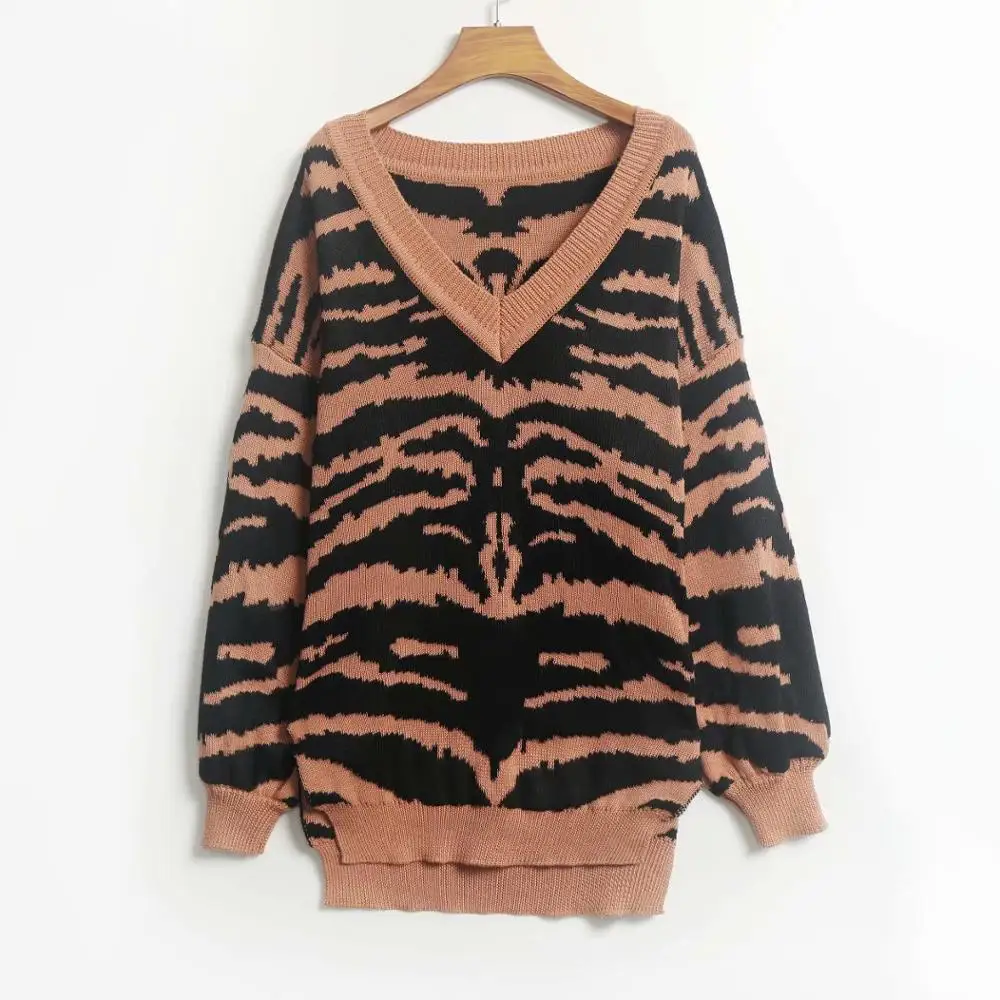 Tiger pattern print knitted sweater women pullover 2019 fashion autumn winter warm knitting top female Casual V neck chic jumper | Женская