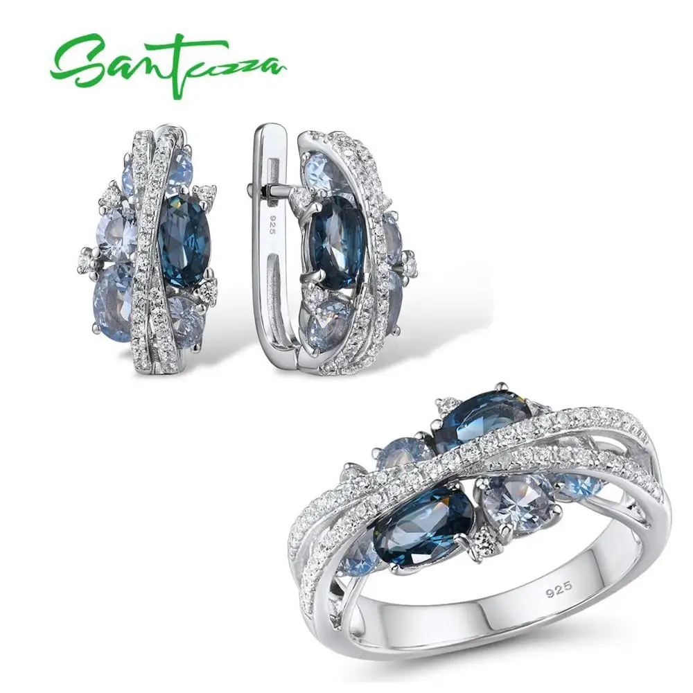 SANTUZZA Genuine 925 Silver Jewelry Set For Women Sparkling Blue Spinel Earrings Ring Set Delicate Luxury серьги Fine Jewelry