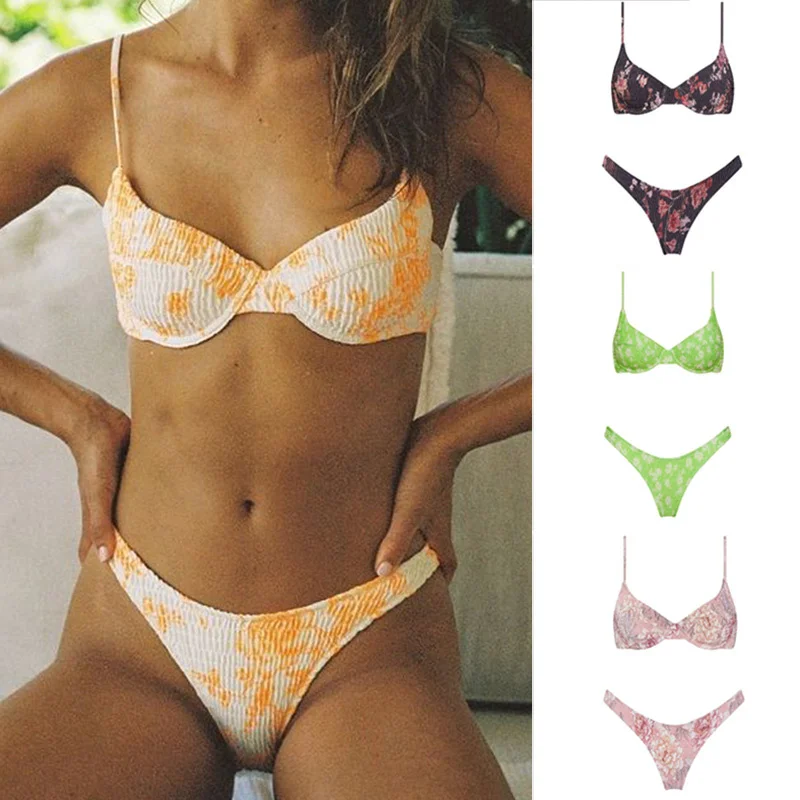 

New Sexy Underwired Push Up Bikini Set Women Triangle Brazilian Bikinis Swimwear Ruched Biquini Printed Bathing Suits Beach Wear