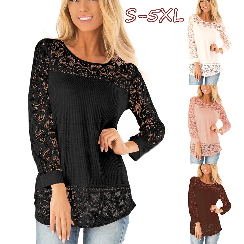 

Summer 2020 New Large Size S-5XL Women's Lace Long Sleeve O Neck Wild Casual Loose Solid Color Women Stitching T Shirt