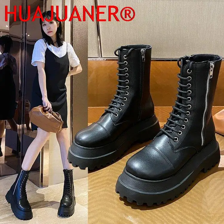 

2022 Women Ankle Boots Round Toe 6cm Heel Zip And Lace Up Round Toe Non-slip Platform Fashion Shoes For Woman Plus Size 39
