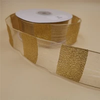 38mm 25yards gold organza wired edge golden stripes ribbon glitter for festival christmas decoration new year gift wrapping