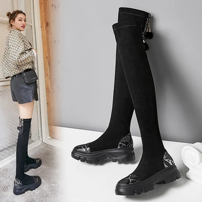 

New Over-the-Knee Platform Kid Suede Shoes Thick-soled Height Increasing Stretch Fabric Snake Pattern Metal Decro Winter Boots