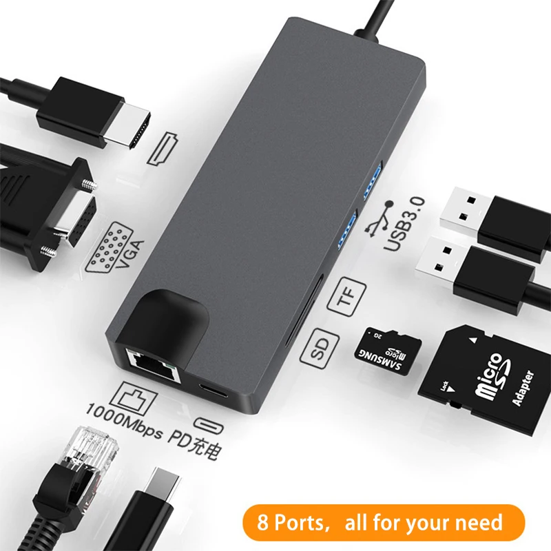 8 в 1 Тип C концентратор USB кабель Переходник на HDMI Совместимость HDTV VGA 3 0 SD/TF Card Reader