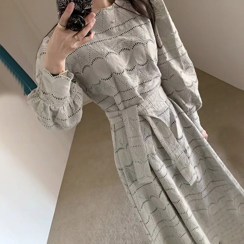 

Mozision Hollow Out Lace-up Puff Sleeve Dress For Women Solid Round Collar Full Sleeve Dresses Ladies 2021 Spring Vintage Dress
