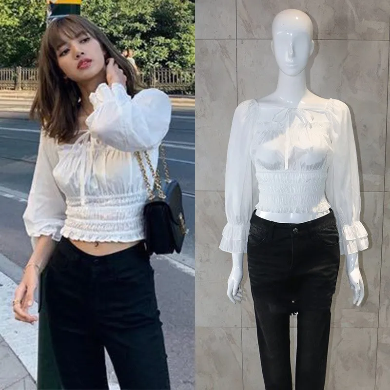 Kpop Blackpink LISA same летняя Корейская Повседневная дикая белая шифоновая блузка женская уличная Милая рубашка с пышными рукавами топы для девочек