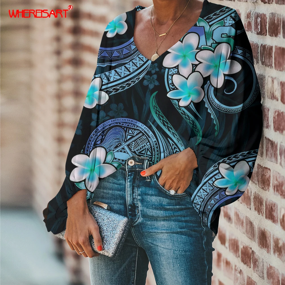 

WHEREISART Women Blouses Hawaiian Flower Polynesian Long Sleeve Blouse Loose Tunic V Neck Shirts Ladies Chiffon Blouse Sexy Tops