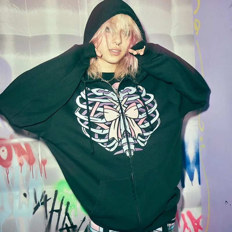 

Women Fashion Hooded , Adults Bow Ribcage Print Long Sleeve Zipper with Pocket Gothic Clothing Drawstring