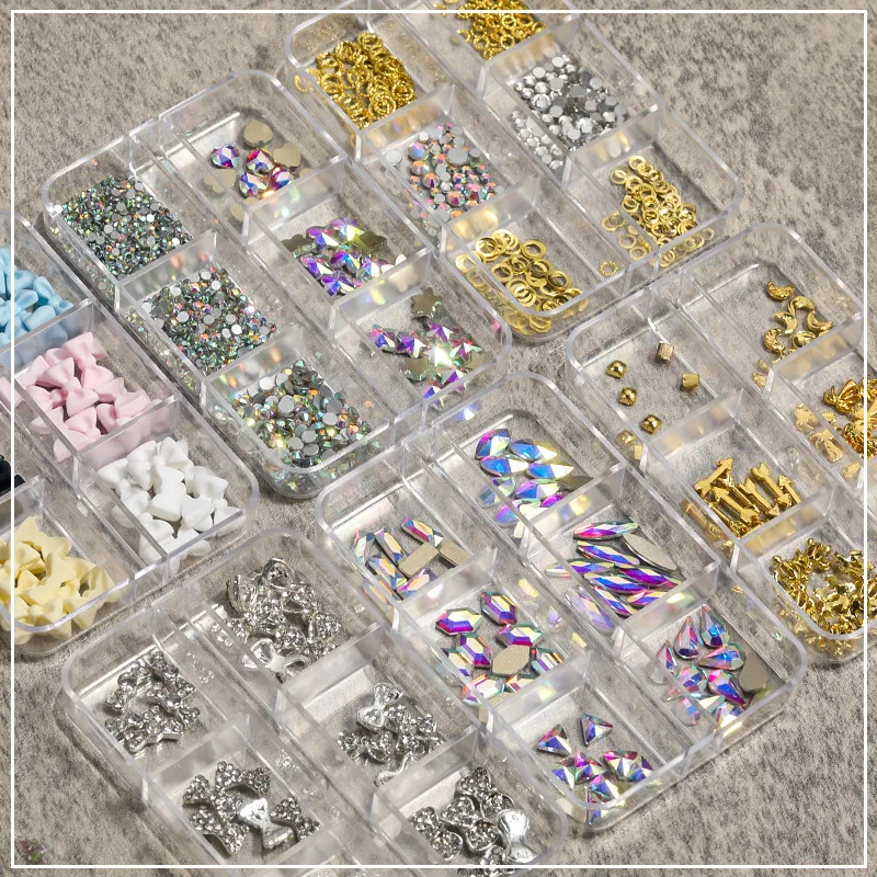 

6 Grid Mixed Shape Long Strip Box Nail Jewelry Six Grid Alloy Resin Bow Shaped Diamond DIY Set Nail Supplies for Professionals