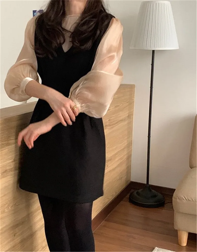 

Korean Women Two Piece Dress Set Long Sleeve Blouses and Vintage Tank V-neck Mini Dress Ladies Office 2 Piece Set Elegant Suit