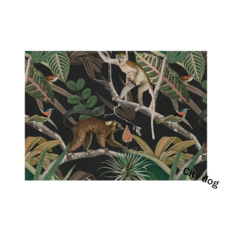 Southeast Asian style Placemat Green tropical plant leaves animal flamingo kangaroo giraffe hippo leopard Art Dining Table Mat |