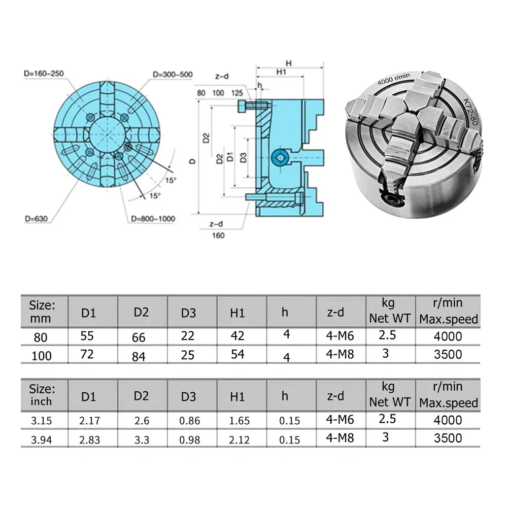 

K72- 80/K72- 100 4 Jaw Lathe Chuck 80mm/100mm Independent 1pcs Safety Chuck Key 3pcs Mounting Bolt Milling Machine Tools Part