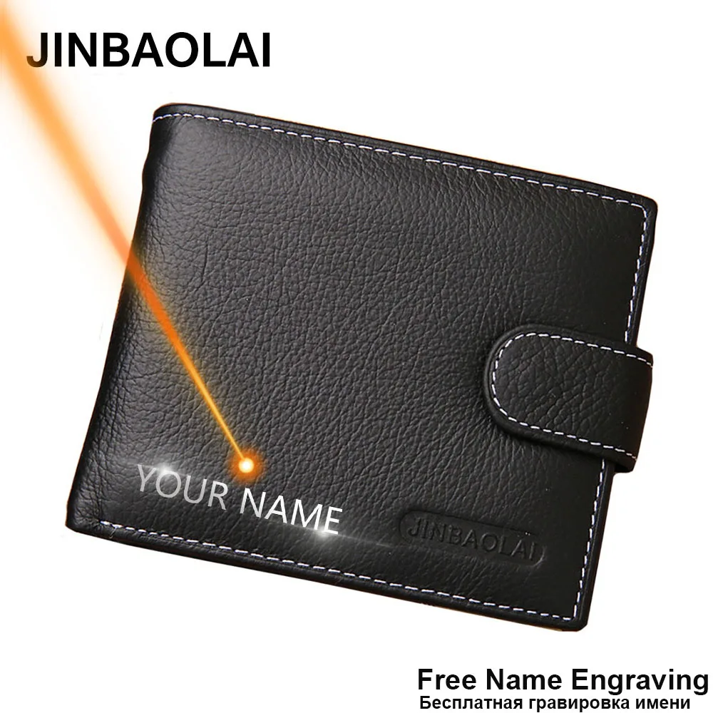 JINBAOLAI Leather Men Wallets Solid Sample Style Zipper Purse Man Card Horder Famous Brand Quality Male Wallet Name Engraving