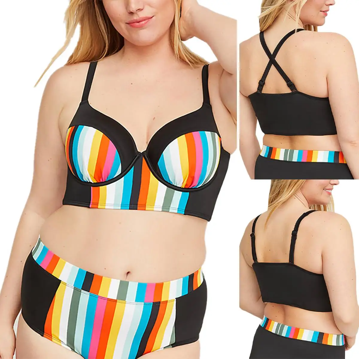 

Women 5XL Plus Size Swimwear Two Piece Swimsuit Rainbow Striped Bathing Suit Cross Back Monokini