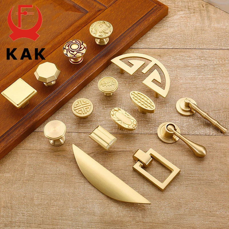 

KAK Pure Copper Kitchen Cabinet Handles Cupboard Door Pulls Drawer Knobs European Vintage Brass Gold Furniture Handle Hardware