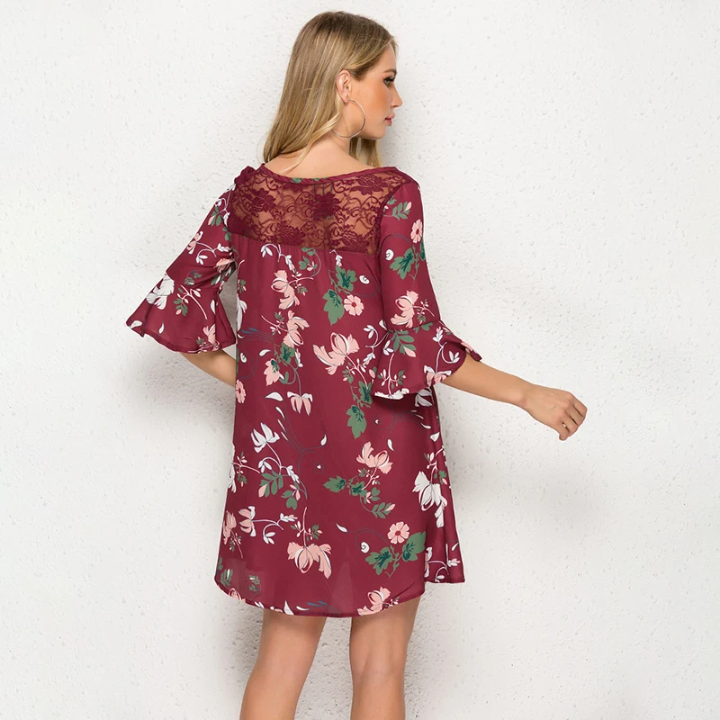 

Boho Floral Print Ruffles Women Dress 2020 Summer Sexy O Neck Short Sleeve A Line Chiffon Mini Dresses Beach Vacation Sundress