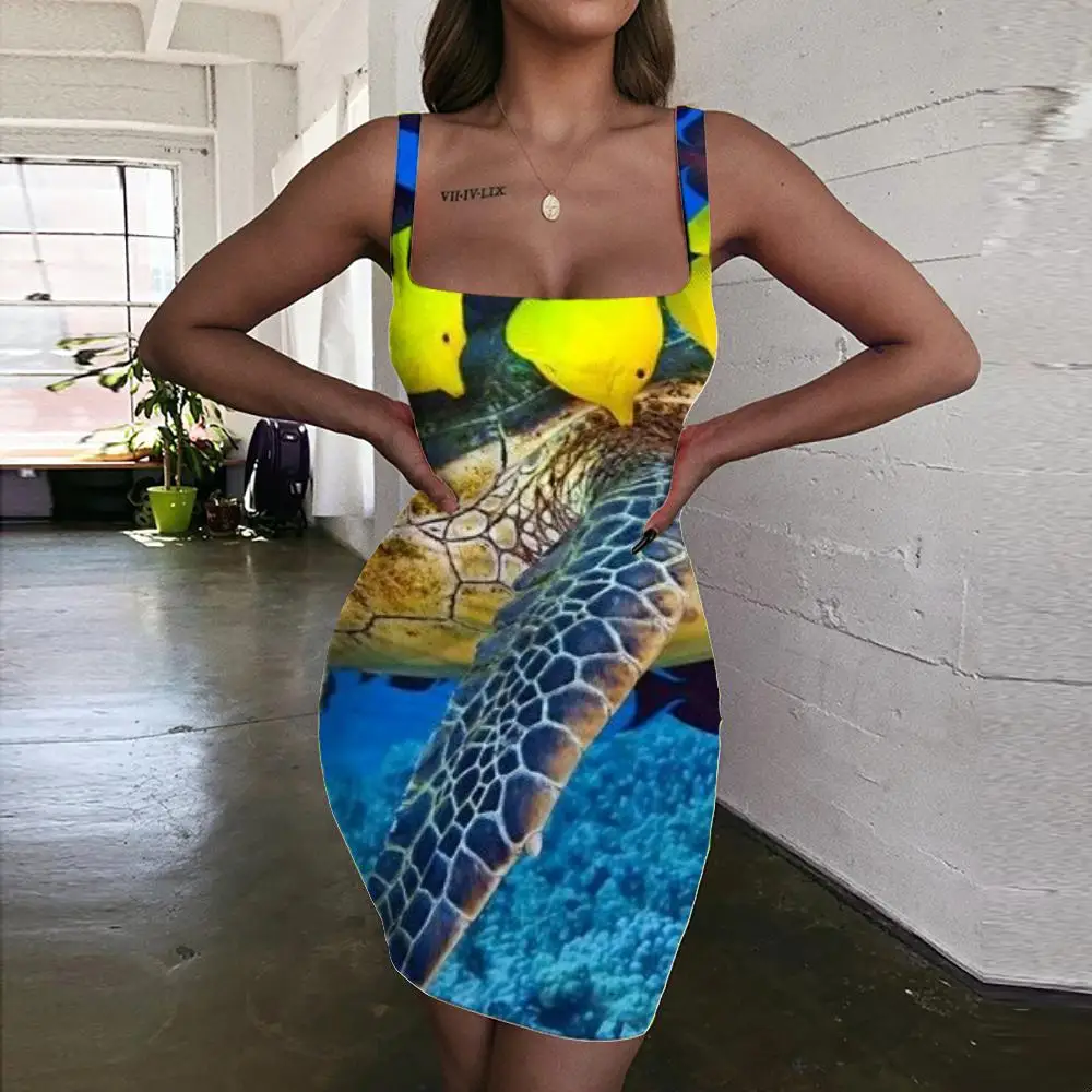 

Giyu Brand Fish Dresses Women Animal Ladies Dresses Tracksuits Halter Sleeveless Ocean Sundress Turtle Bodycon Dress