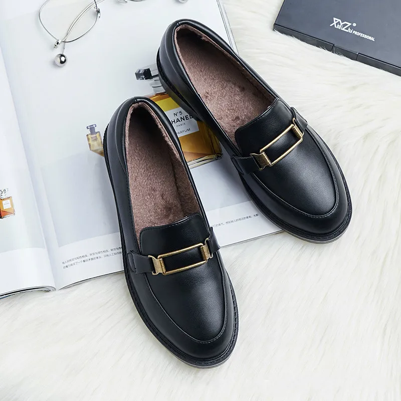 Black plus velvet New Women Flat Shoes Round Toe Lace-Up Oxford Shoes Woman Genuine Leather Brogue Women Platform Shoes Women Loafers - Цвет: Black plus velvet