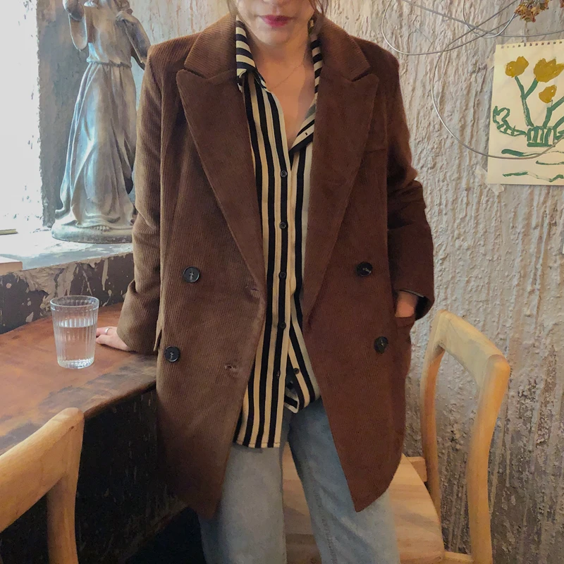 REALEFT Autumn Winter Vintage Corduroy Women's Blazer Pocket Full Sleeve Single Breasted Jacket Stylish Coat Female 2019 | Женская