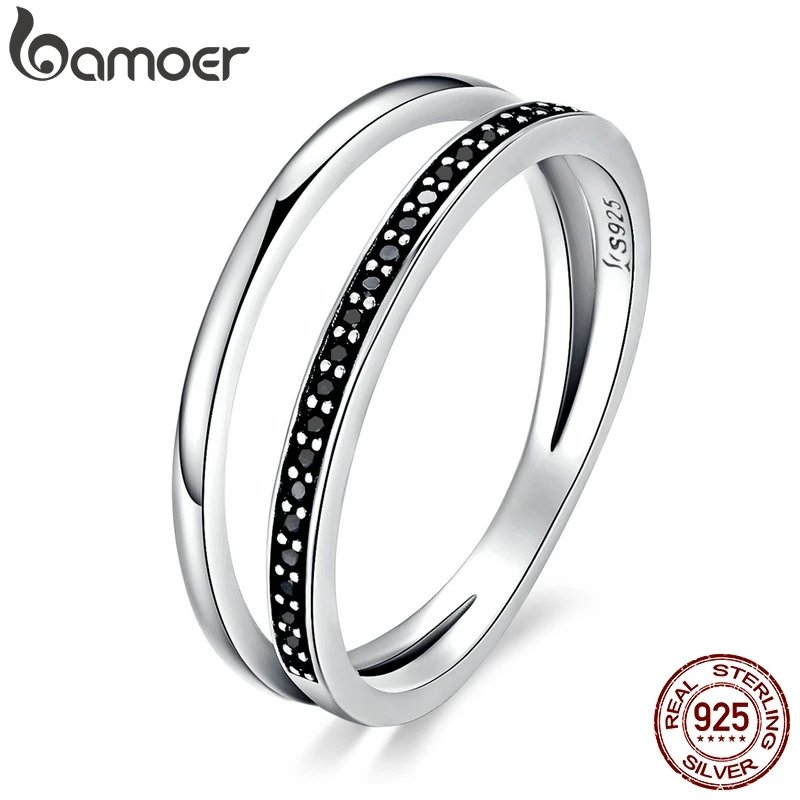 BAMOER, настоящее 925 пробы, серебро, двойной круг, черный, прозрачный, CZ, Штабелируемый палец, кольцо для женщин, хорошее серебряное ювелирное изделие, подарок SCR082