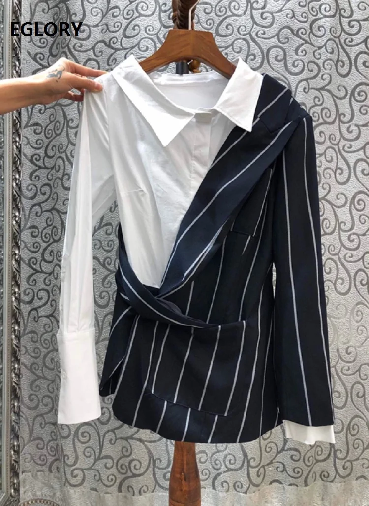 Женская блузка в полоску с отложным воротником и длинным рукавом весна 2020 |