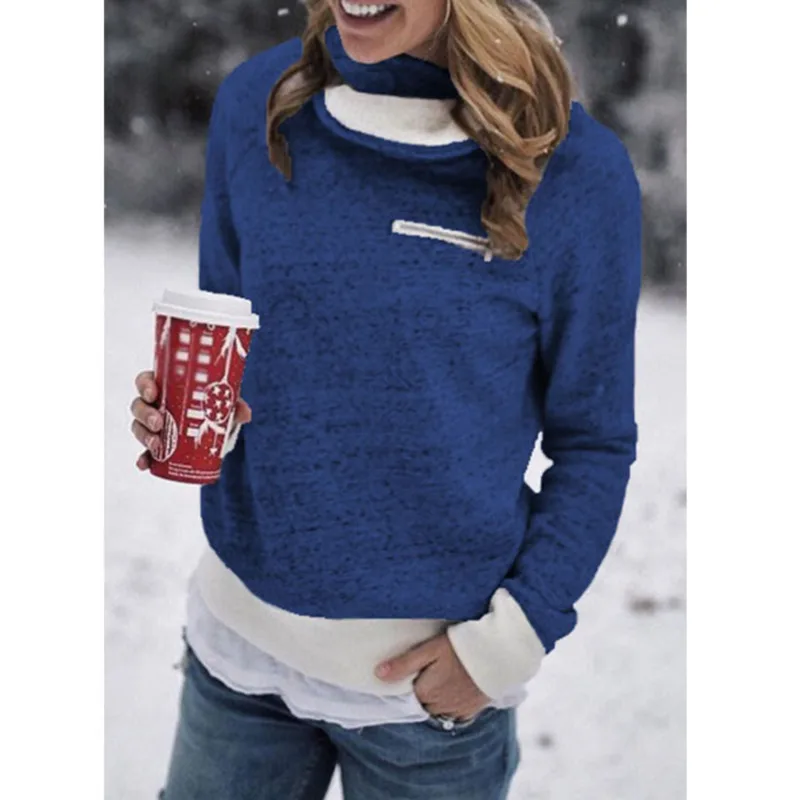 Осень зима 2020 модный высокий воротник молния длинный рукав Женский Топ плюшевый