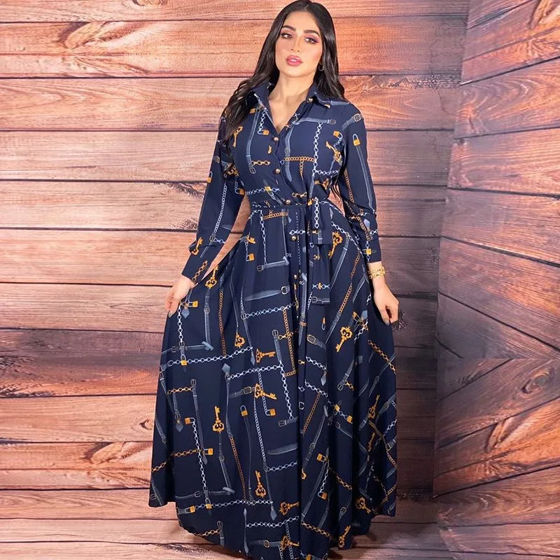 

Women Print Muslim Dress Abaya Dubai Turkey Djellaba Moroccan Caftan Evening Lapel Modest Islamic Clothing African Hijab Dress