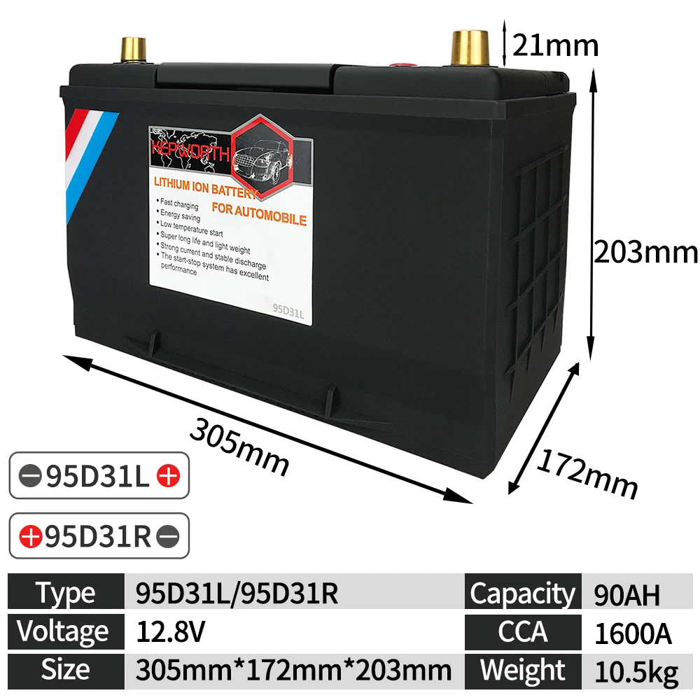 95D31L/R автомобильный двигатель LiFePO4 аккумулятор стартер 12V 90AH CCA1600A упаковка с BMS