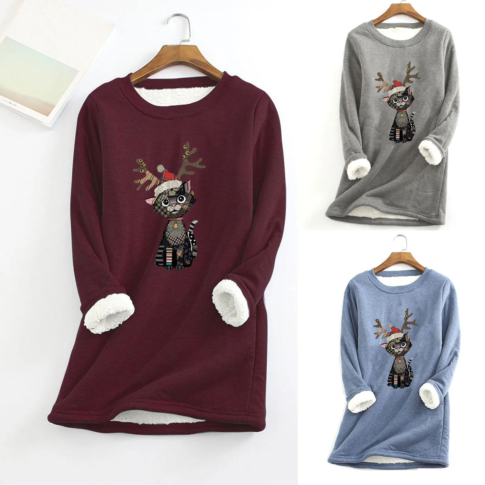 

Christmas Print Women Fashion Thick Fleece Sweatshirt Velvet Warm Round Neck Pullovers Underwear Top Harajuku Women's Clothing