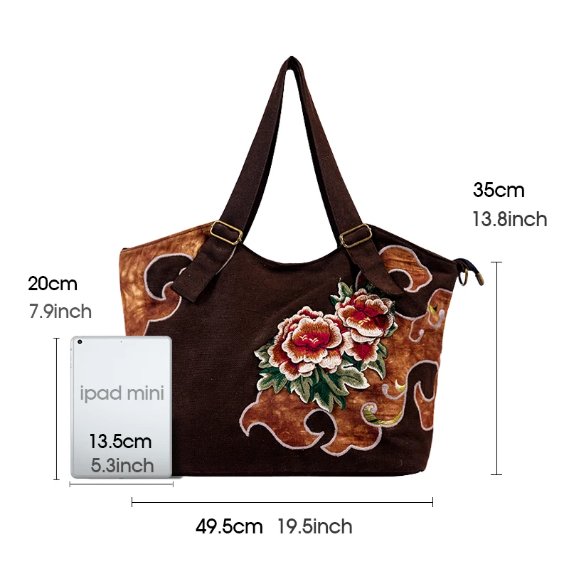 

Women Shoulder Bags Hand Embroidery Pretty Flower Bohemia Style Handbag Lightweight Casual Large Capacity Canvas Girl Tote Bag