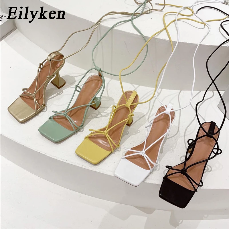 

Eilyken 2022 New Design Yellow Ankle Strap Sandals Women Square heel Party Lace-Up Summer Strange Style Sandal Shoes